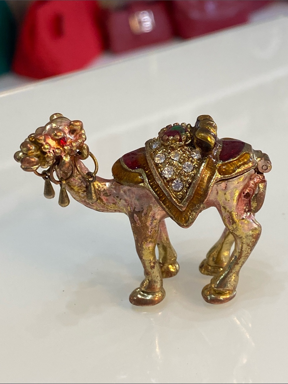 Camel Trinket Figural Bejeweled Enamel Gold Metal Vintage